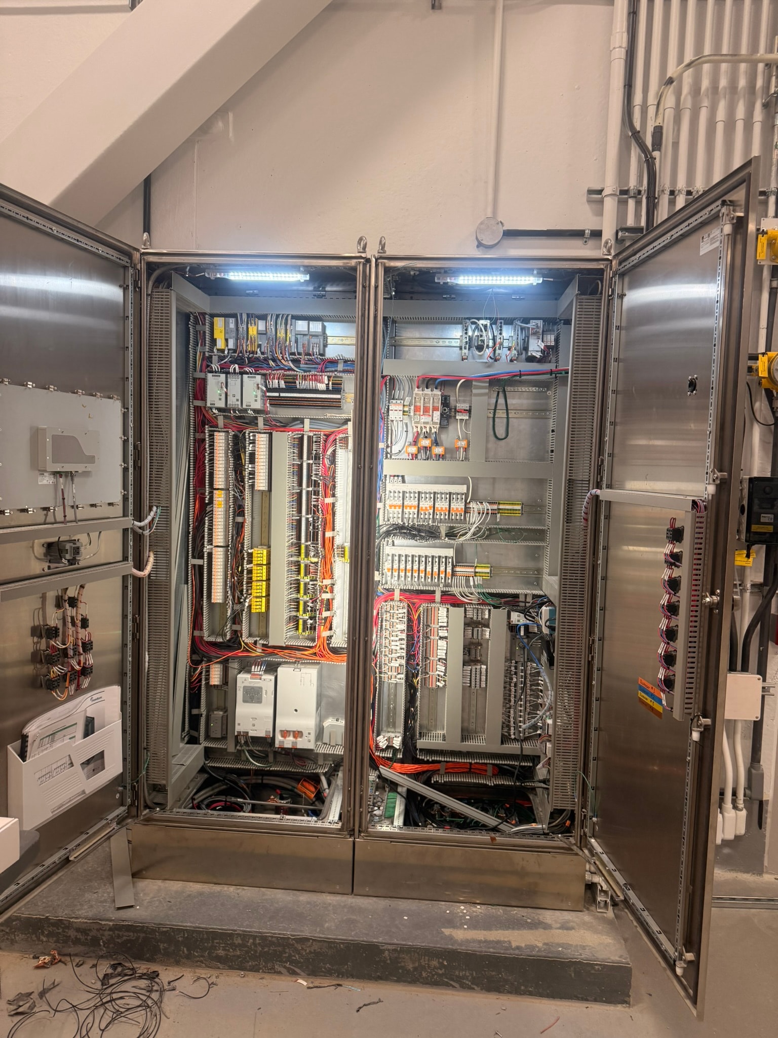 Full interior view — both doors open showing complete wiring and component layout